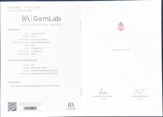4.56 Cts Unheated Padparadscha Sapphire RARE - ICA Certified - (UH) - Baza Boutique