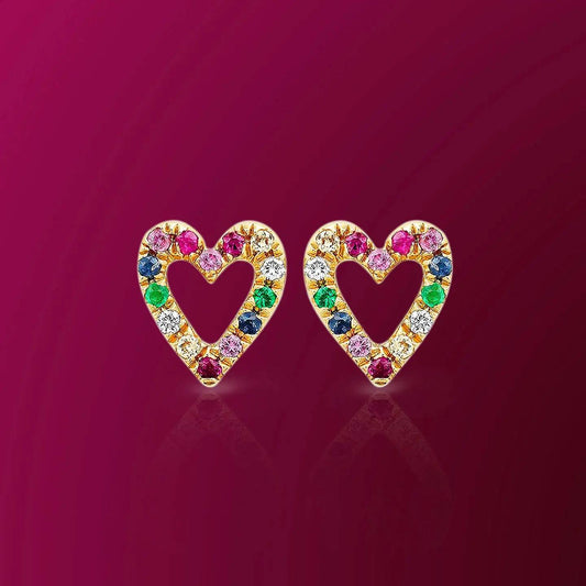 Rainbow heart studs,Sterling Silver tiny rainbow heart stud earrings,Solid Silver Rainbow Heart Earrings - Baza Boutique