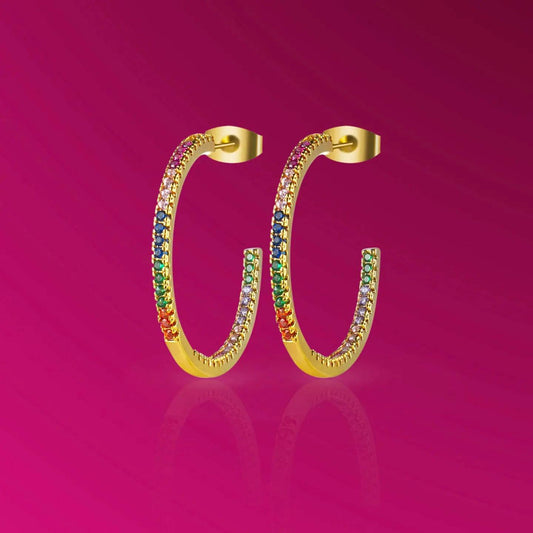 Rainbow Hoops,Rainbow Huggie Earrings, Sterling Silver Hoop Earrings, Small Huggie Hoops, Crystal Earrings, Gold Cute Huggies, Aesthetic, Gift For Her - Baza Boutique