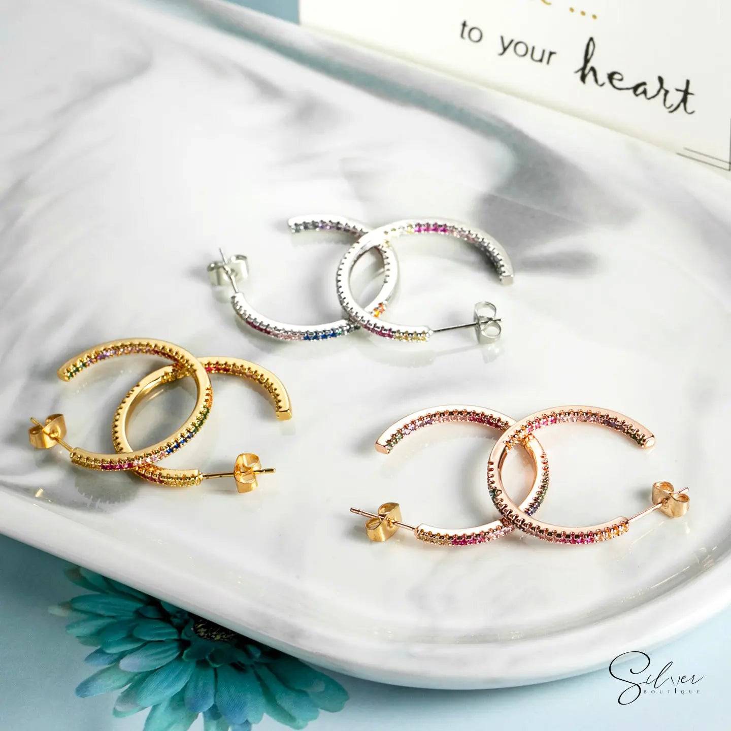 Rainbow Hoops,Rainbow Huggie Earrings, Sterling Silver Hoop Earrings, Small Huggie Hoops, Crystal Earrings, Gold Cute Huggies, Aesthetic, Gift For Her - Baza Boutique