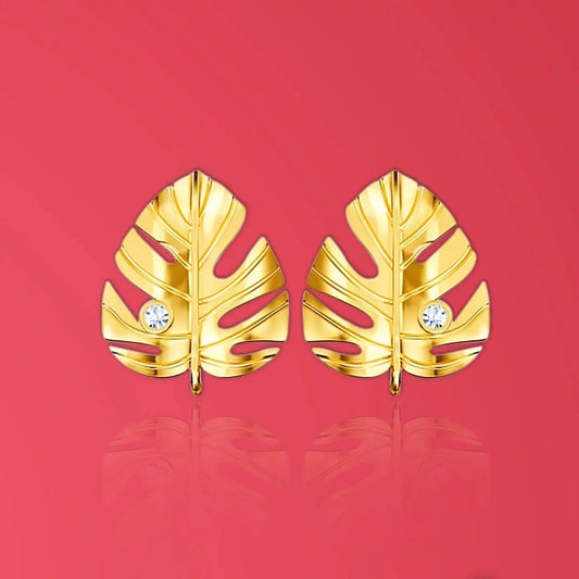 Sparkling Sterling Silver Leaf Stud Earrings with CZ - Modern Handcrafted Design - Baza Boutique