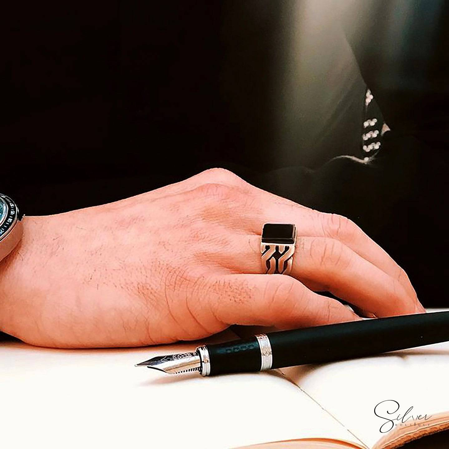 Braided Onyx Ring in Sterling Silver - Baza Boutique