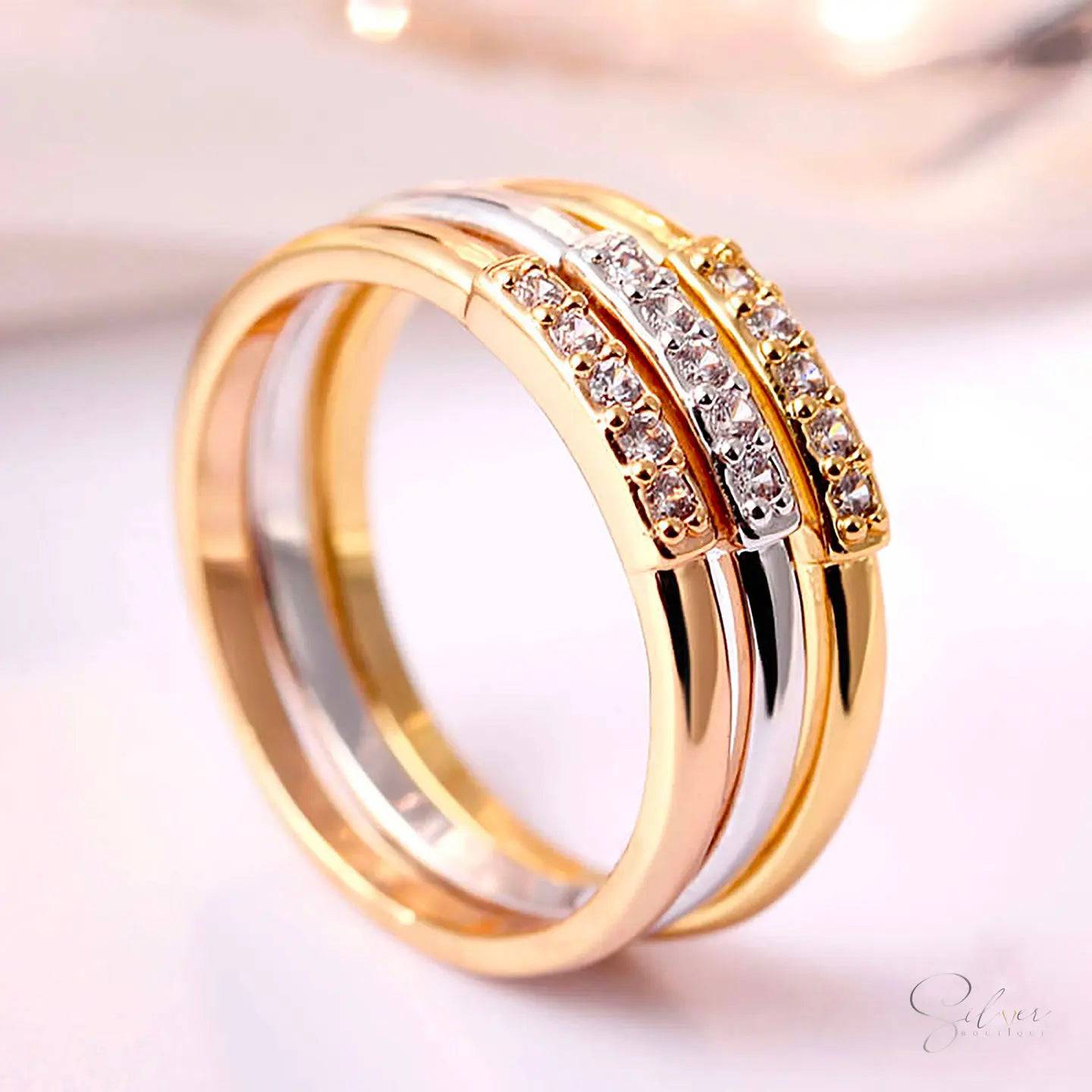 Mid-Way Stacking Ring - Gold, Silver & Rose Gold with American Diamonds - Baza Boutique