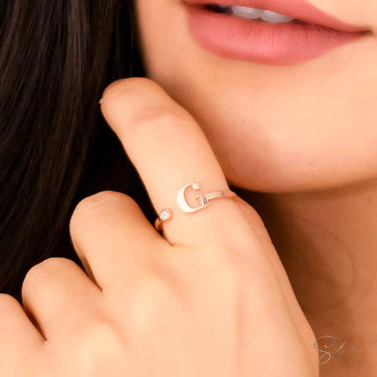 Stone Initial Ring for Her - Personalized Stone Letter Ring - Baza Boutique