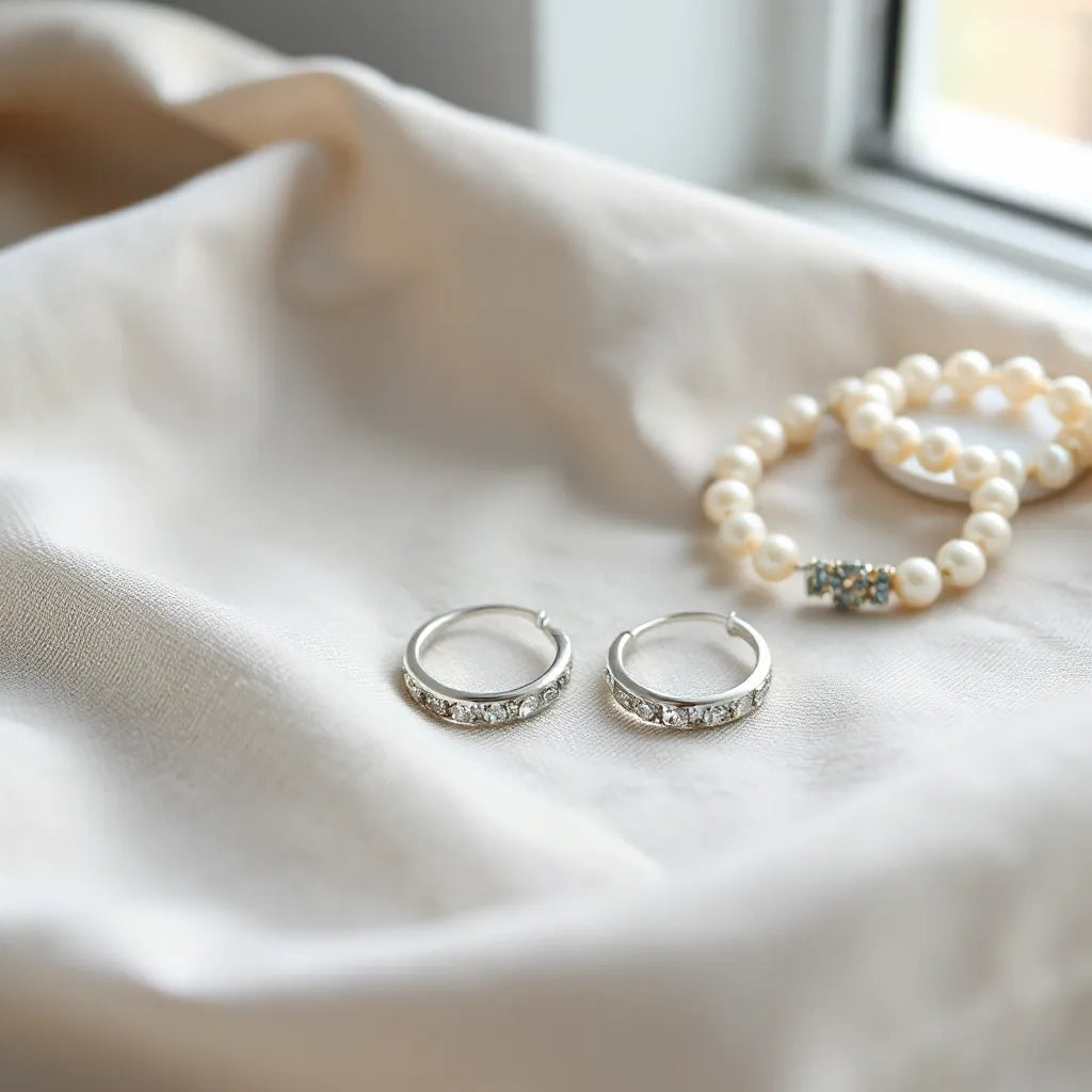 Polished silver earrings with delicate shine resting on neutral fabric under soft natural light