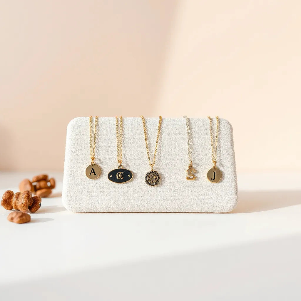 Necklaces with mixed metal charms displayed on a jewelry stand against a clean neutral background