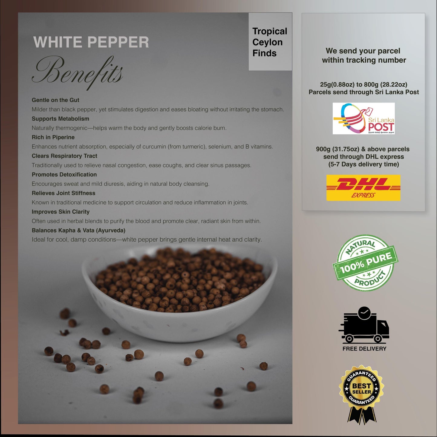 Organic White Peppercorns - Baza Boutique