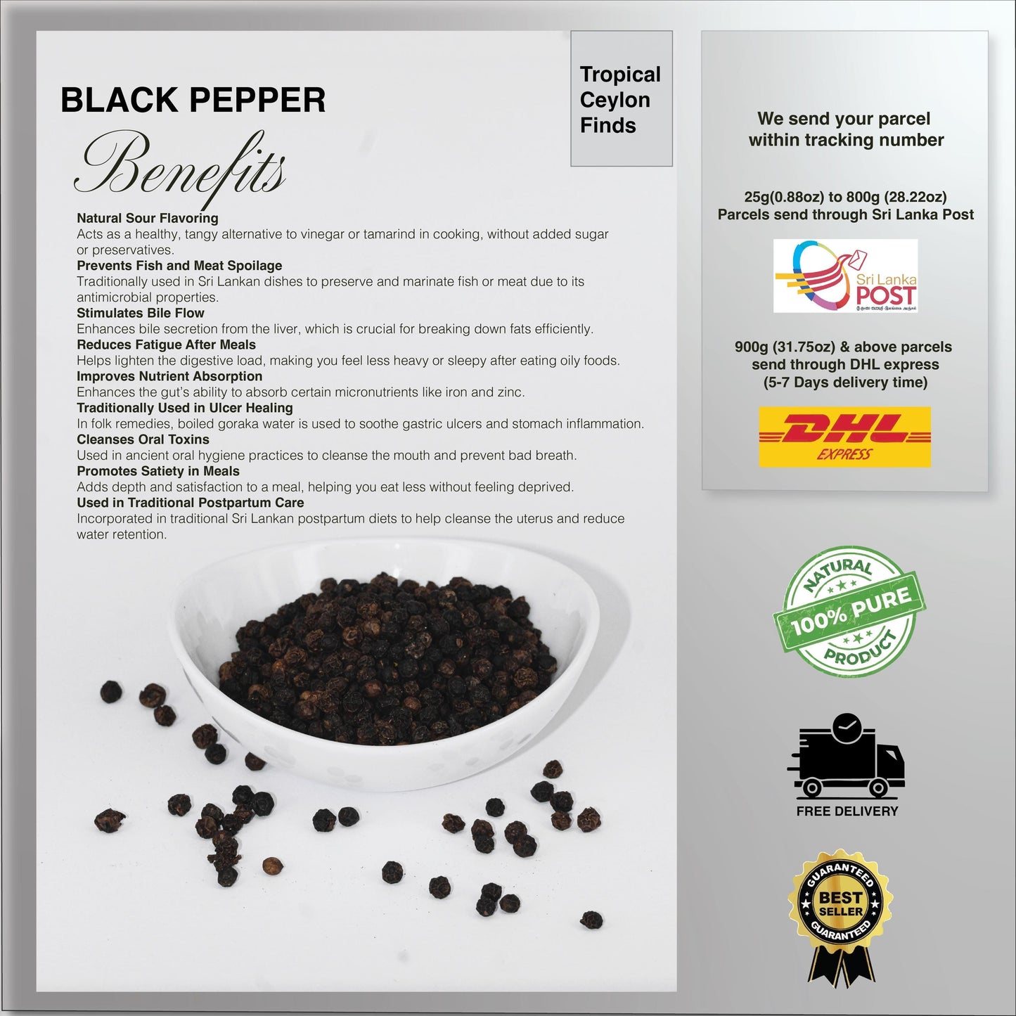 Organic Ceylon Black Peppercorns - Baza Boutique