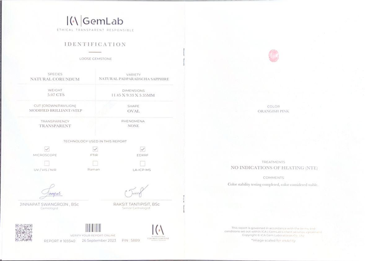 Natural Padparadscha Sapphire (ICA Certified) 5.07ct - (UH)