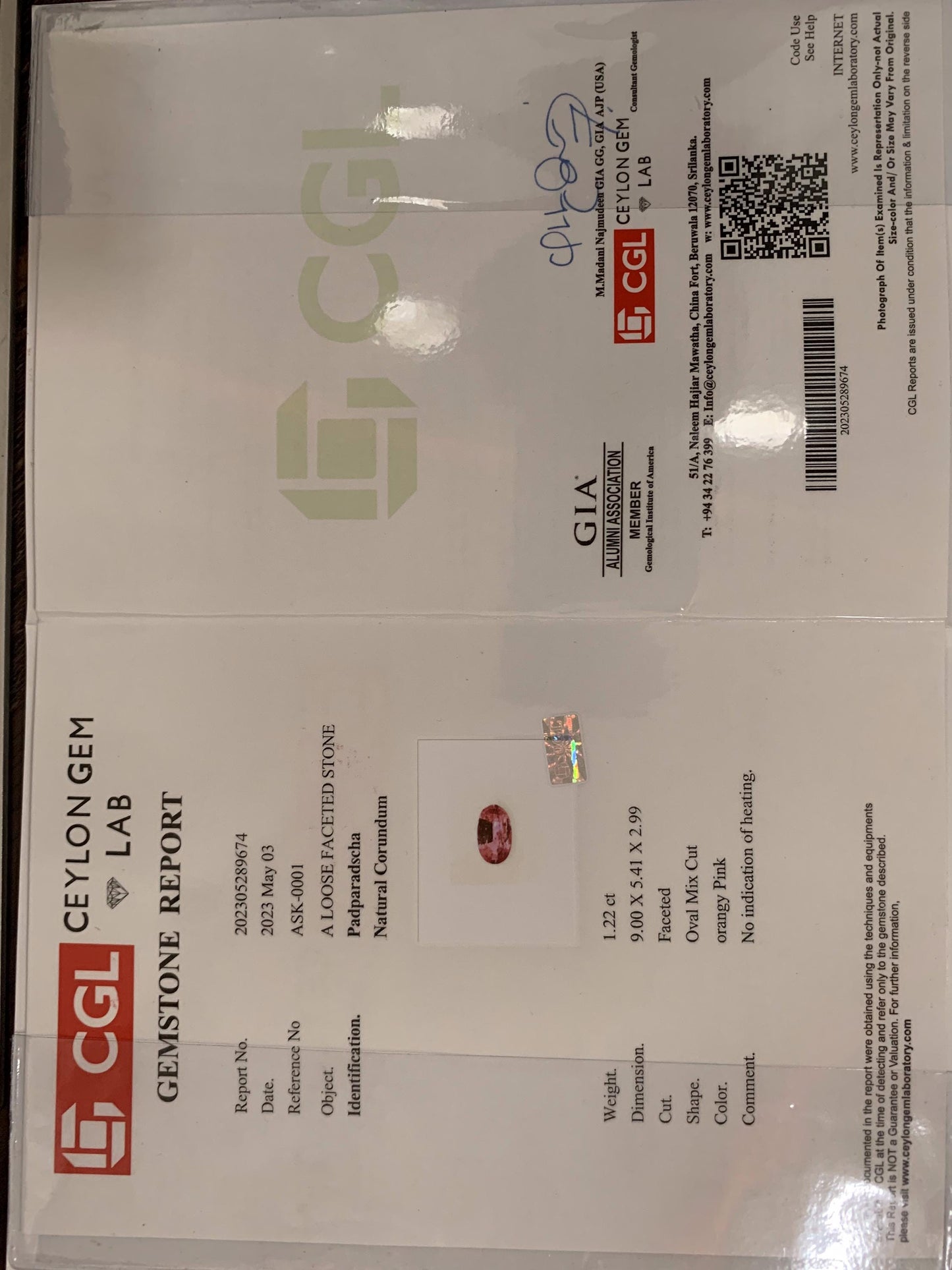 Natural Padparadscha Sapphire 1.22ct - (UH)