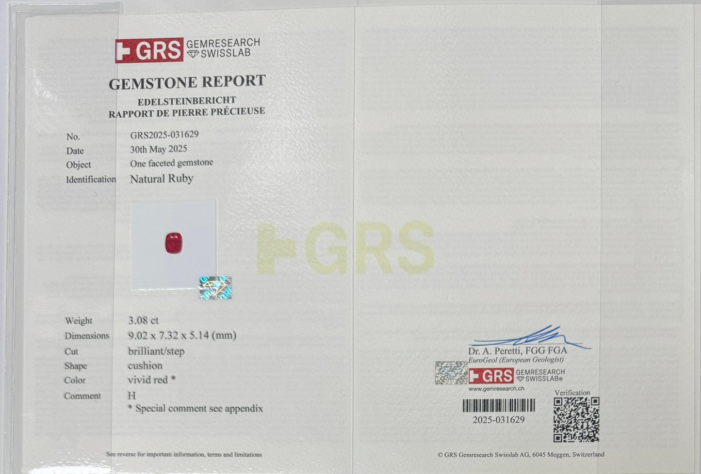 GRS Certified 3.08 Carat Vivid Red Cushion Cut Ruby Gemstone - Baza Boutique
