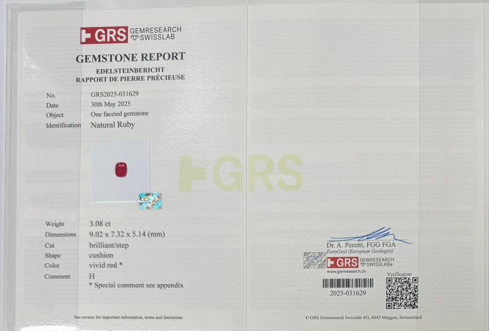 GRS Certified 3.08 Carat Vivid Red Cushion Cut Ruby Gemstone - Baza Boutique