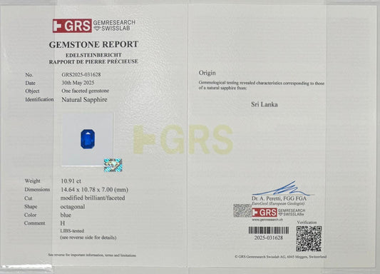 GRS Certified Natural Royal Blue Sapphire 10.90 - (H) - Baza Boutique