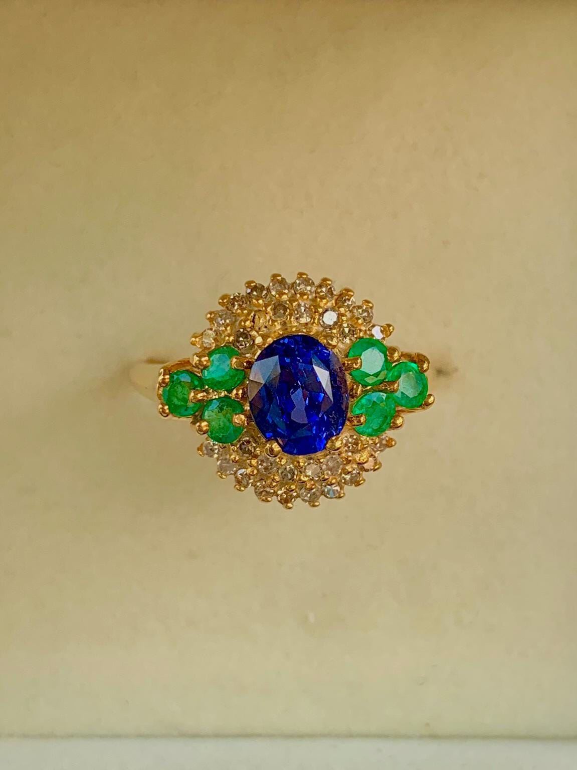 Royal Blue Sapphire 4.28ct Ring with Natural Emeralds and Diamonds in 14K White Gold
