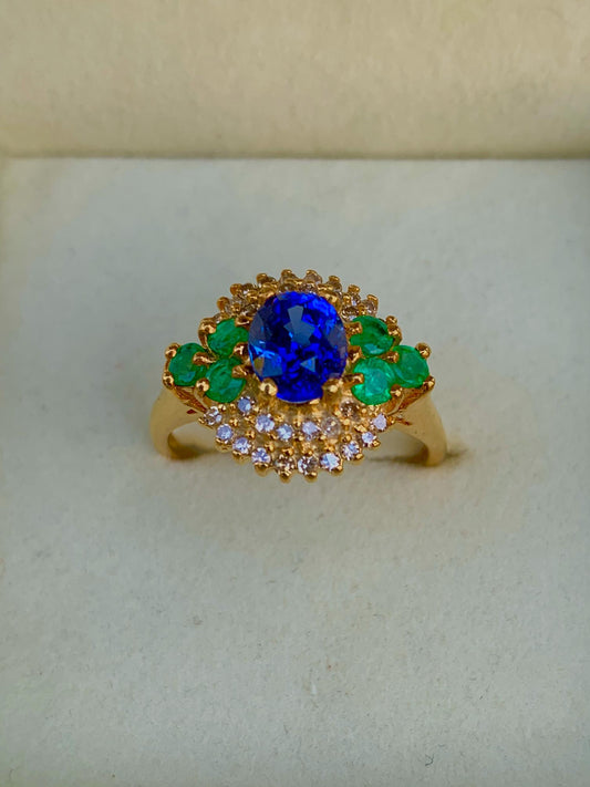 Royal Blue Sapphire 4.28ct Ring with Natural Emeralds and Diamonds in 14K White Gold