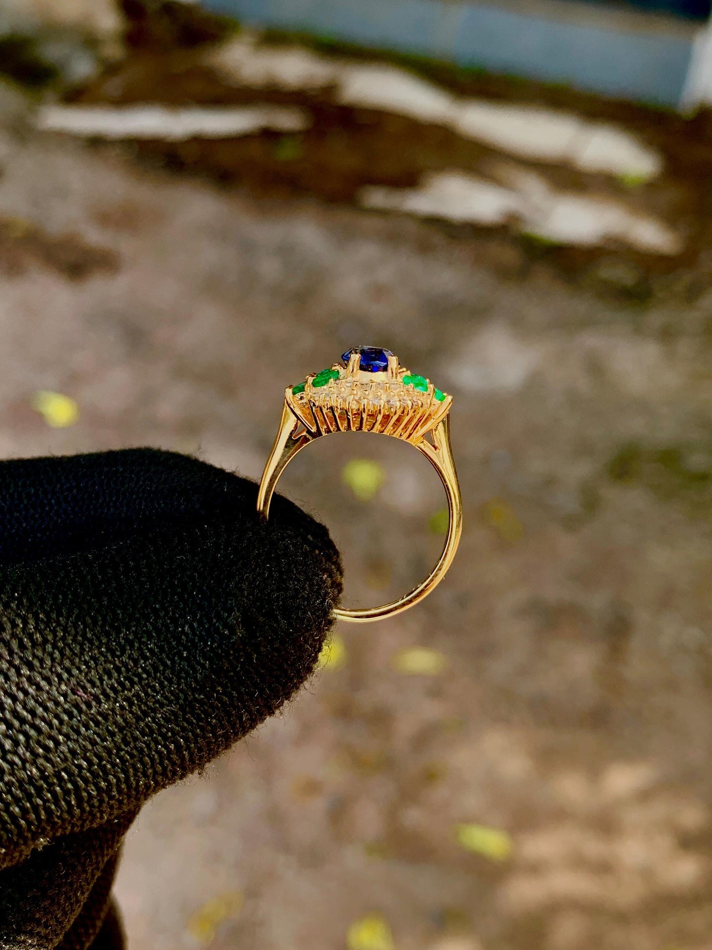 Royal Blue Sapphire 4.28ct Ring with Natural Emeralds and Diamonds in 14K White Gold