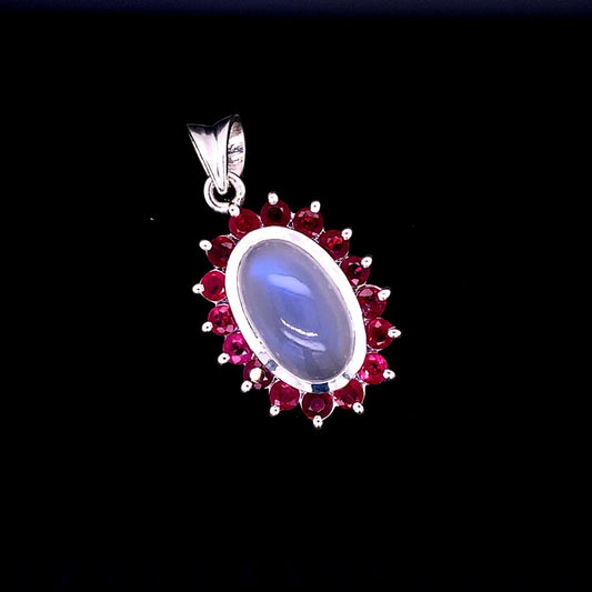 10 Carat Lucin Moonstone & Pigeon Blood Ruby Pendant in 925 Sterling Silver