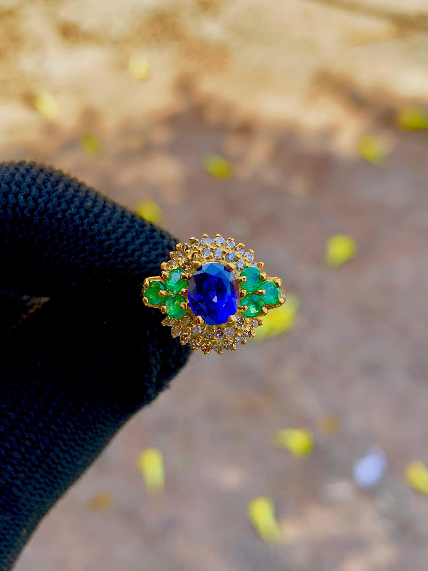 Royal Blue Sapphire 4.28ct Ring with Natural Emeralds and Diamonds in 14K White Gold