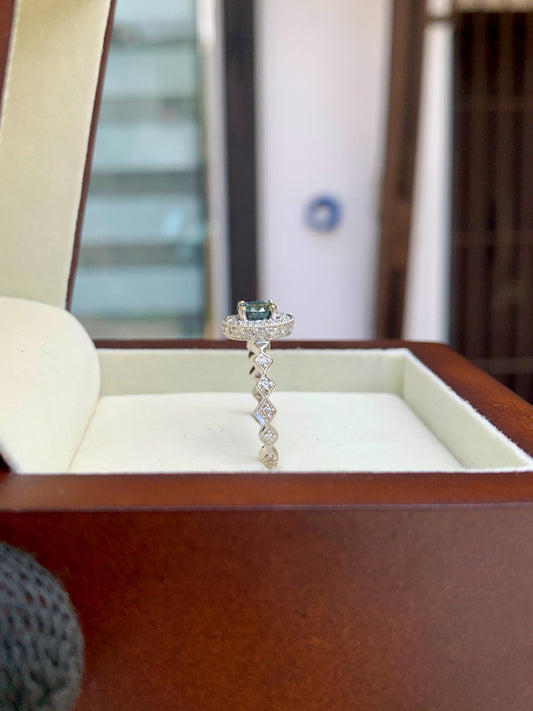 Teal Sapphire Ring in 14K White Gold