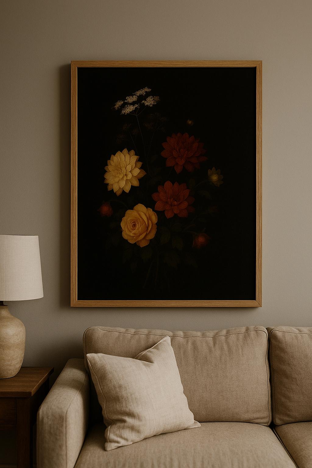 Dark Floral Still Life Art Print | Vintage Dahlia & Rose (Digital Download)