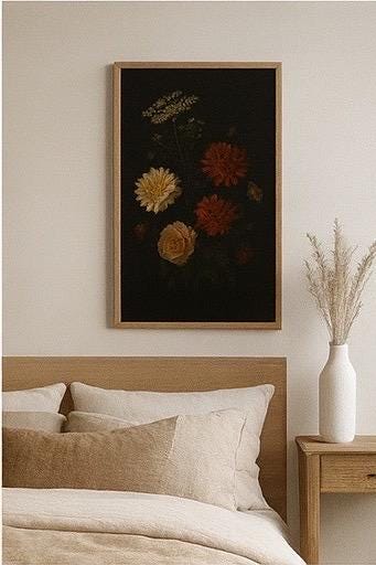 Dark Floral Still Life Art Print | Vintage Dahlia & Rose (Digital Download)