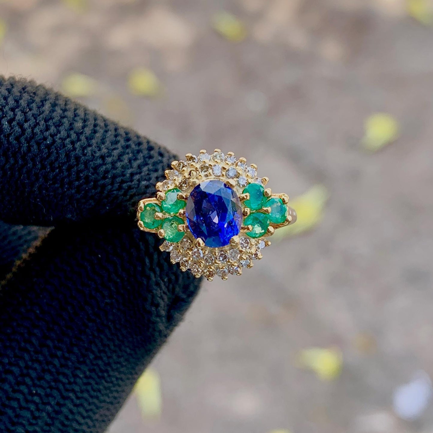 Royal Blue Sapphire 4.28ct Ring with Natural Emeralds and Diamonds in 14K White Gold