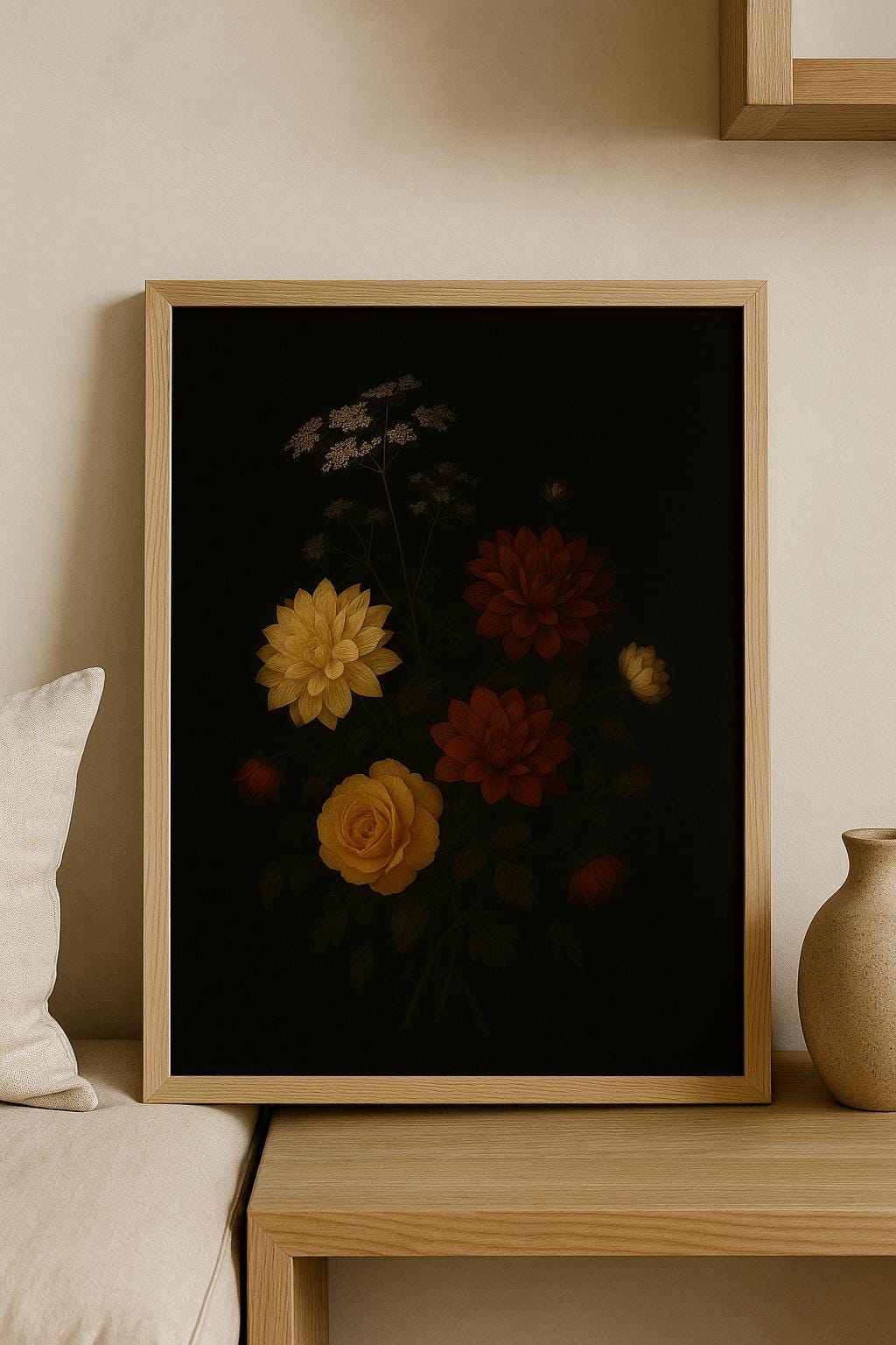 Dark Floral Still Life Art Print | Vintage Dahlia & Rose (Digital Download)