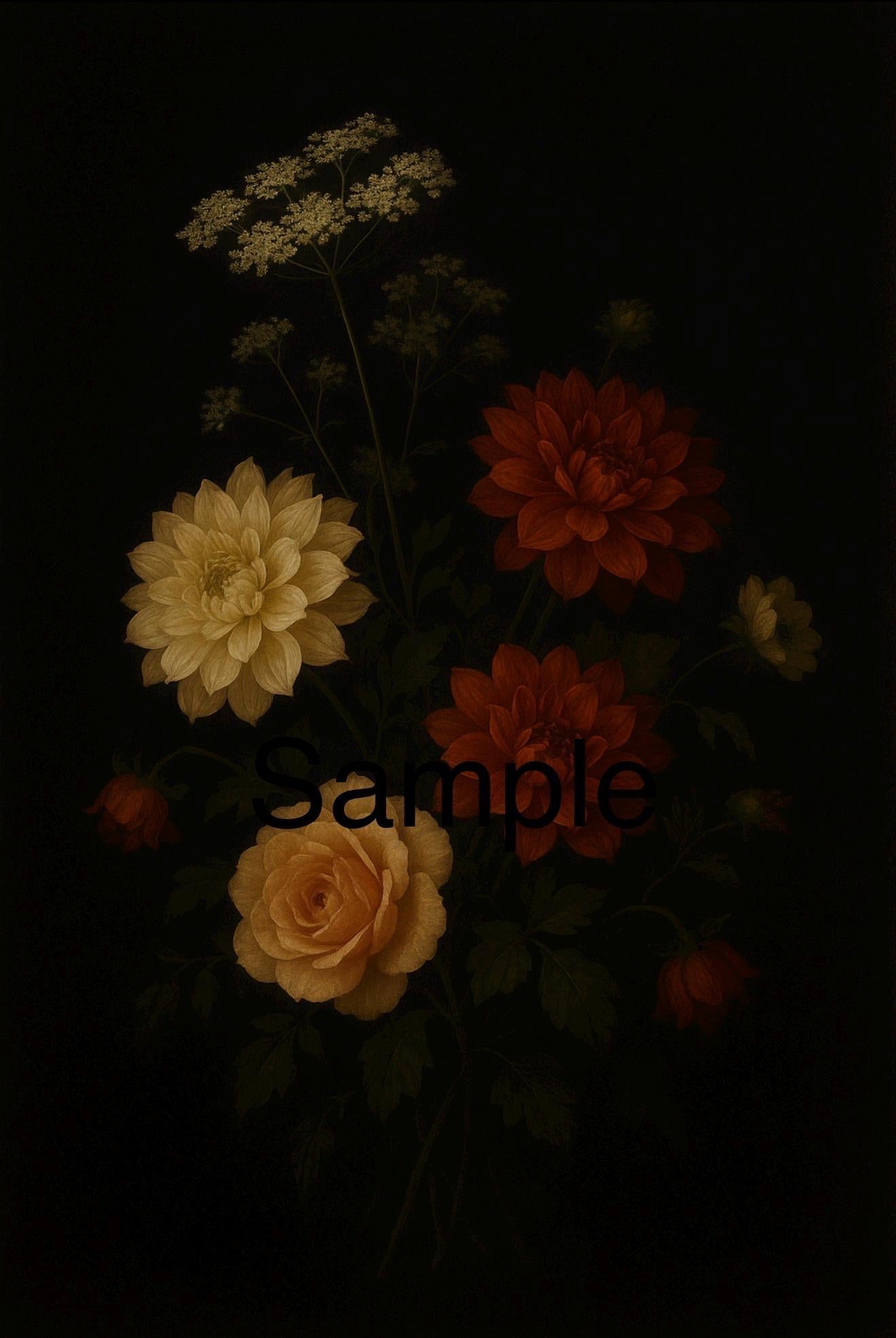 Dark Floral Still Life Art Print | Vintage Dahlia & Rose (Digital Download)