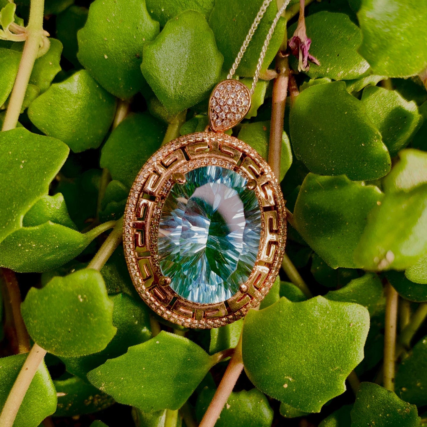 Handmade Laser-Cut Swiss Blue Topaz Pendant in Rose Gold Sterling Silver