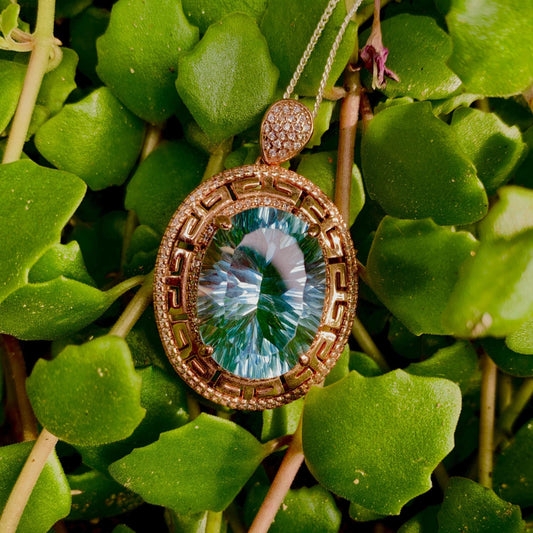 Handmade Laser-Cut Swiss Blue Topaz Pendant in Rose Gold Sterling Silver