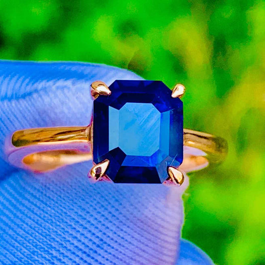 2.60ct Emerald Cut Royal Blue Sapphire Ring – 14K Rose Gold
