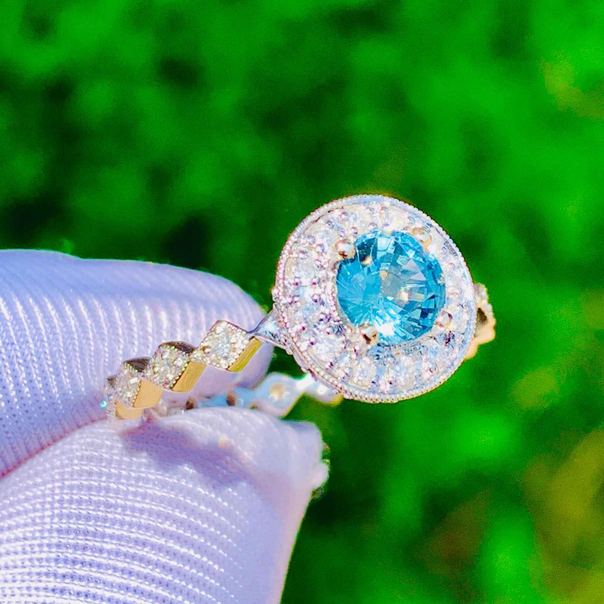 Teal Sapphire Halo Ring – 14K White Gold & Natural Diamonds