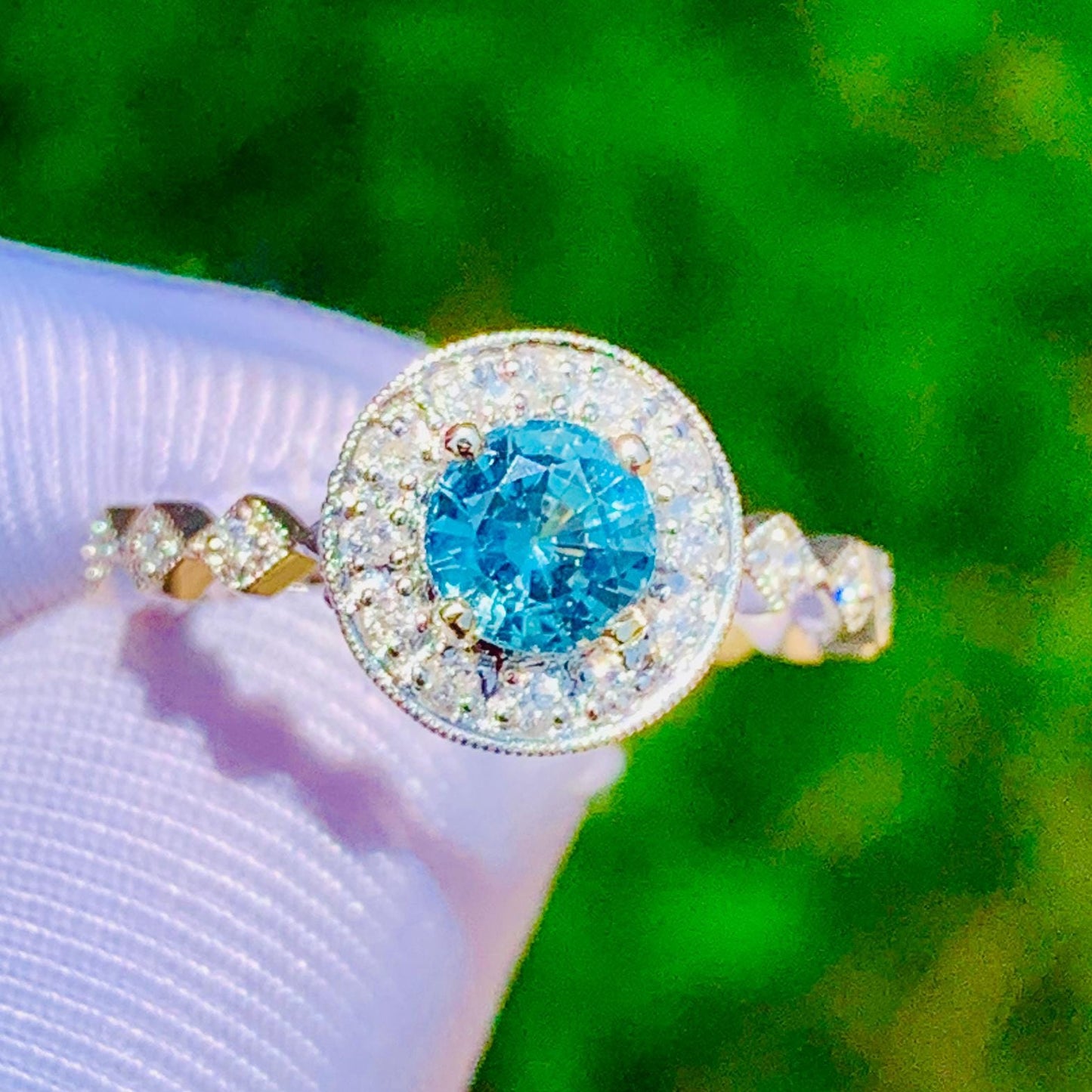 Teal Sapphire Halo Ring – 14K White Gold & Natural Diamonds