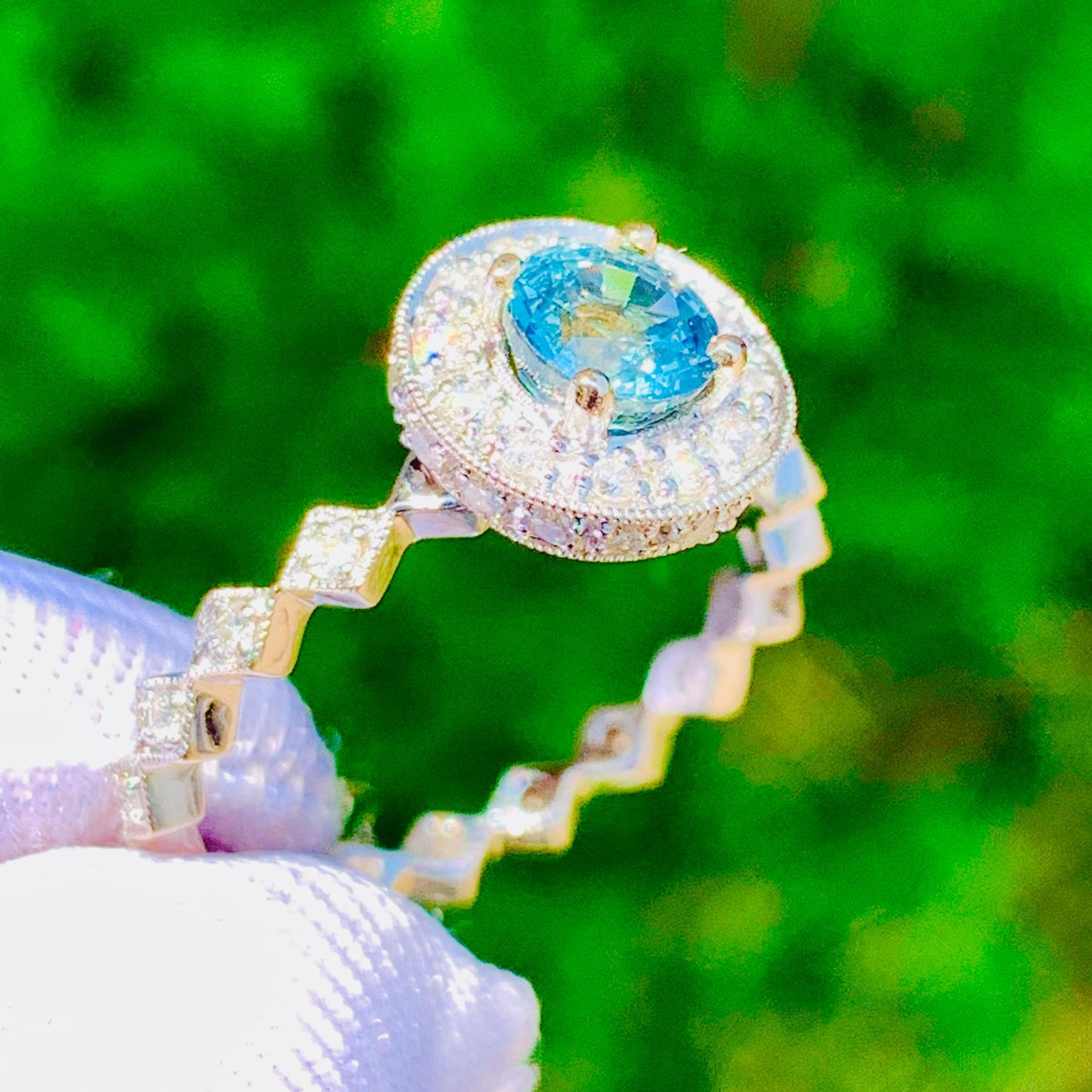 Teal Sapphire Halo Ring – 14K White Gold & Natural Diamonds