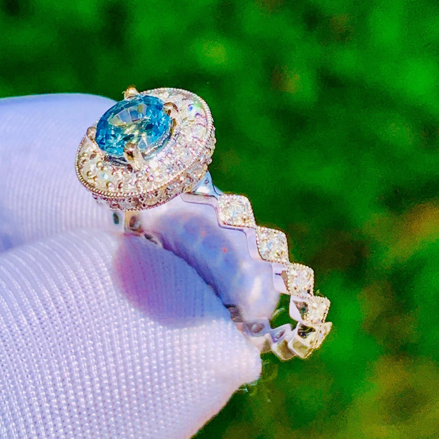 Teal Sapphire Halo Ring – 14K White Gold & Natural Diamonds
