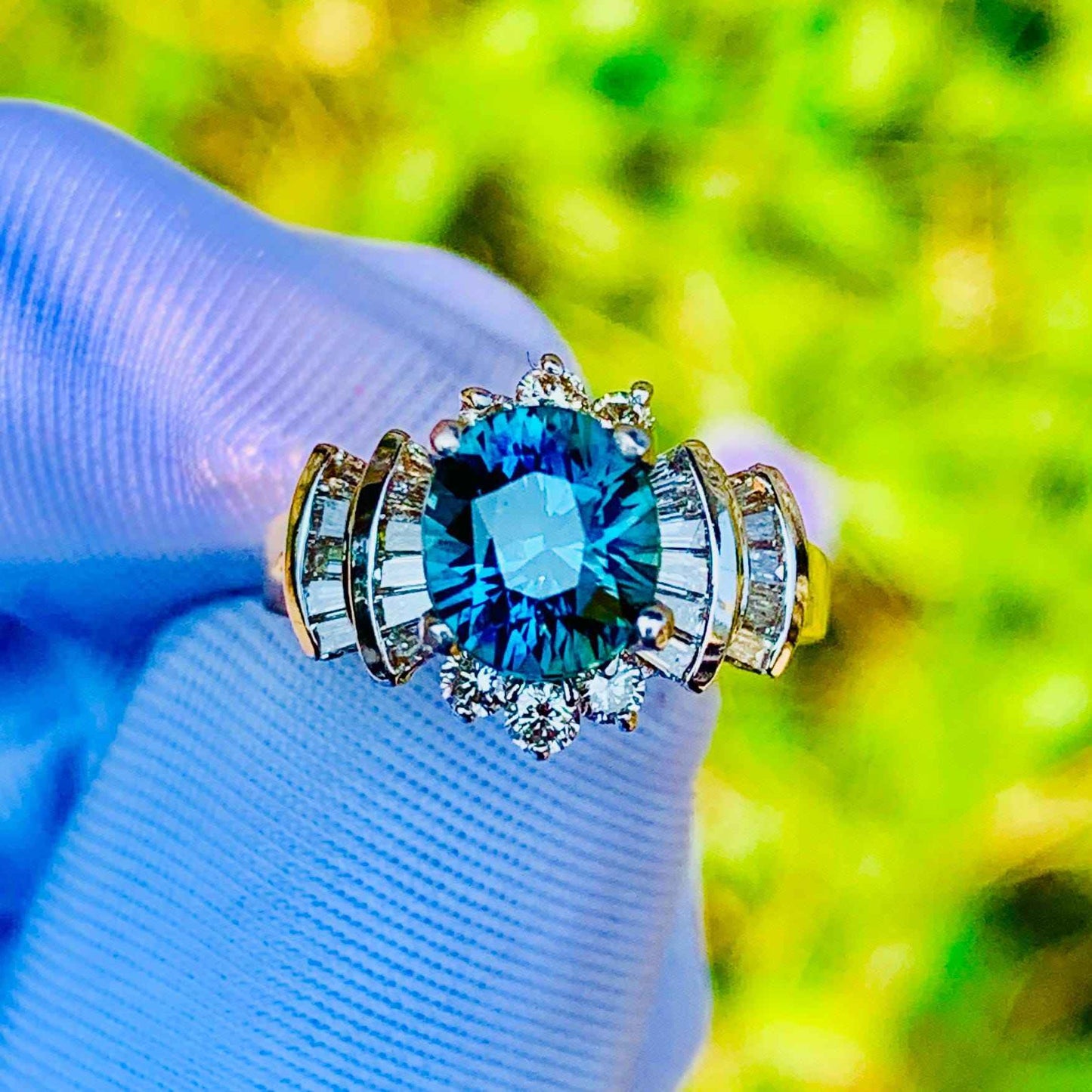 Teal Sapphire Engagement Ring – 14K White & Rose Gold with Natural Diamonds