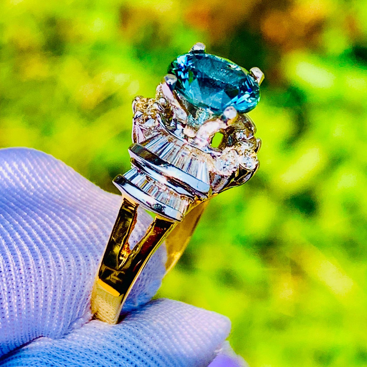 Teal Sapphire Engagement Ring – 14K White & Rose Gold with Natural Diamonds