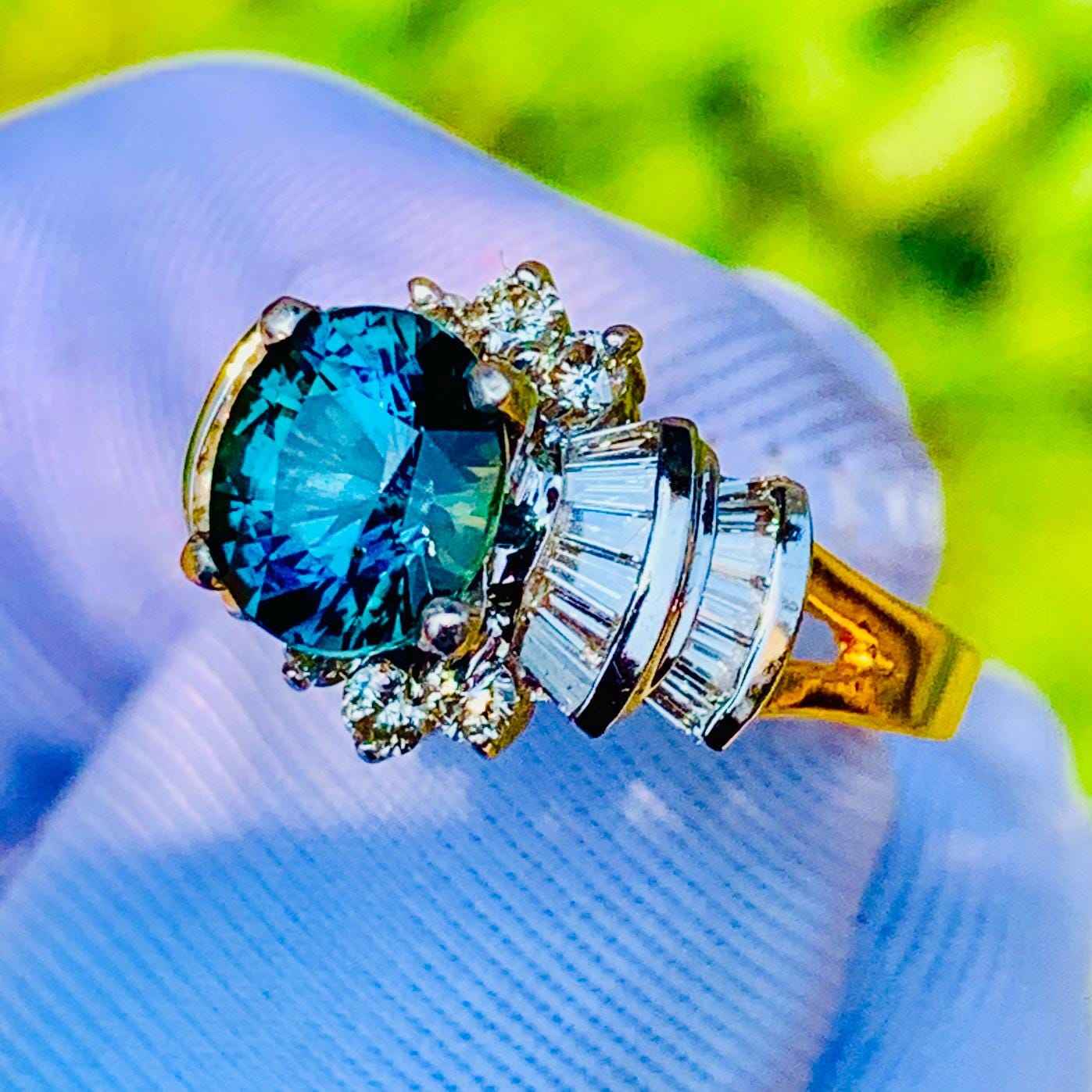 Teal Sapphire Engagement Ring – 14K White & Rose Gold with Natural Diamonds