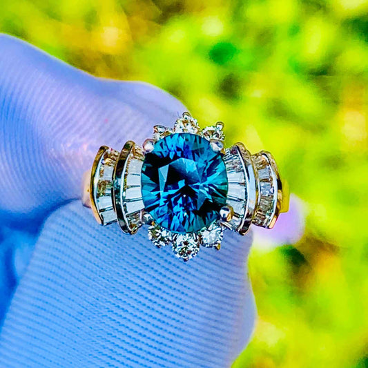 Teal Sapphire Engagement Ring – 14K White & Rose Gold with Natural Diamonds