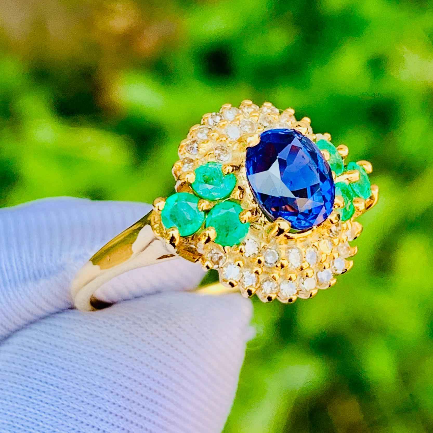 4.28ct Royal Blue Sapphire Ring – 14K White Gold with Natural Emeralds & Diamonds