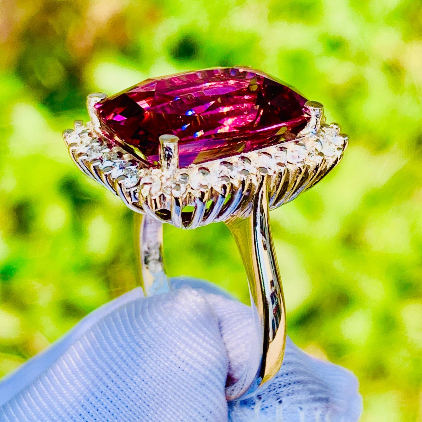 11.92ct Pink Tourmaline Ring – White Gold & Natural Diamonds