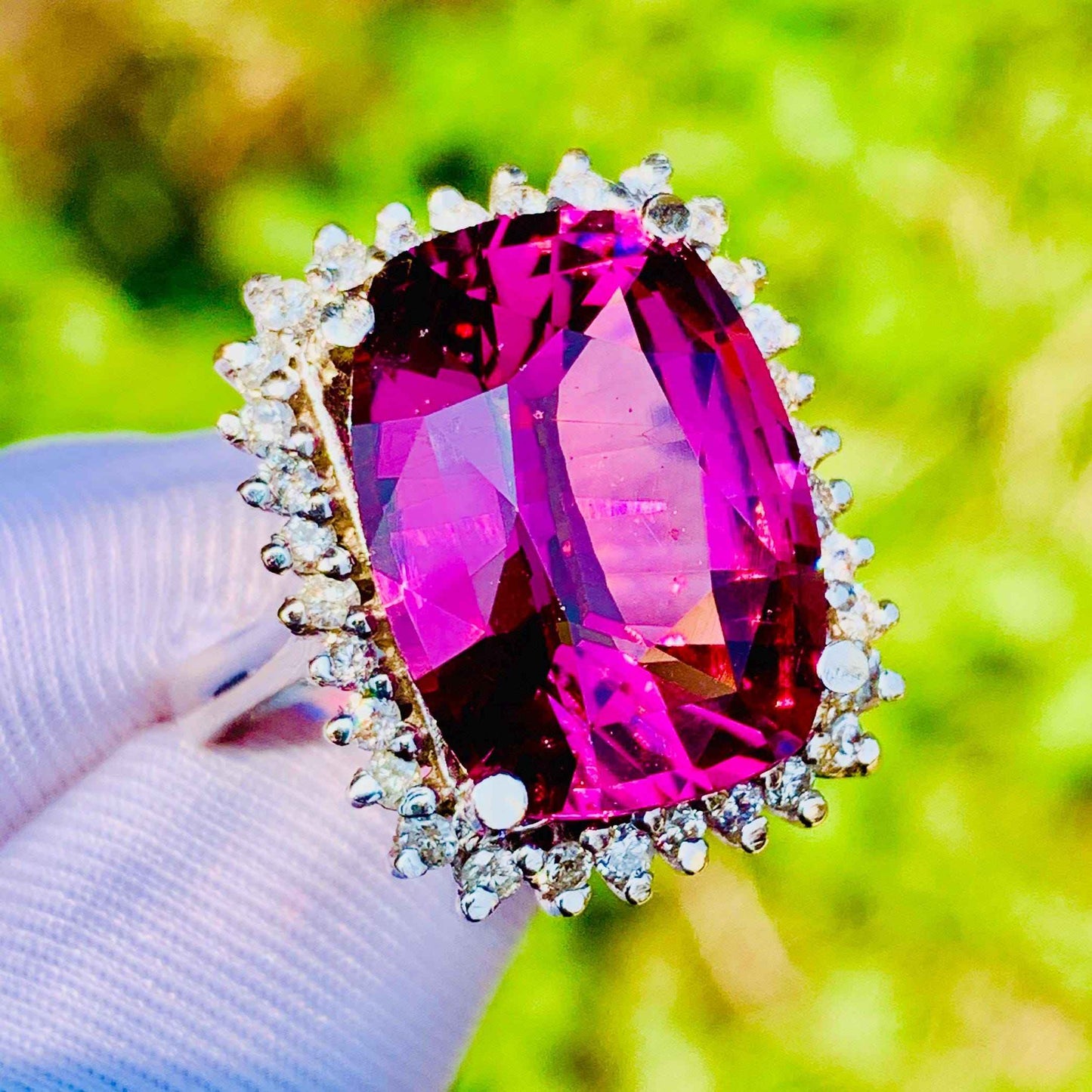 11.92ct Pink Tourmaline Ring – White Gold & Natural Diamonds
