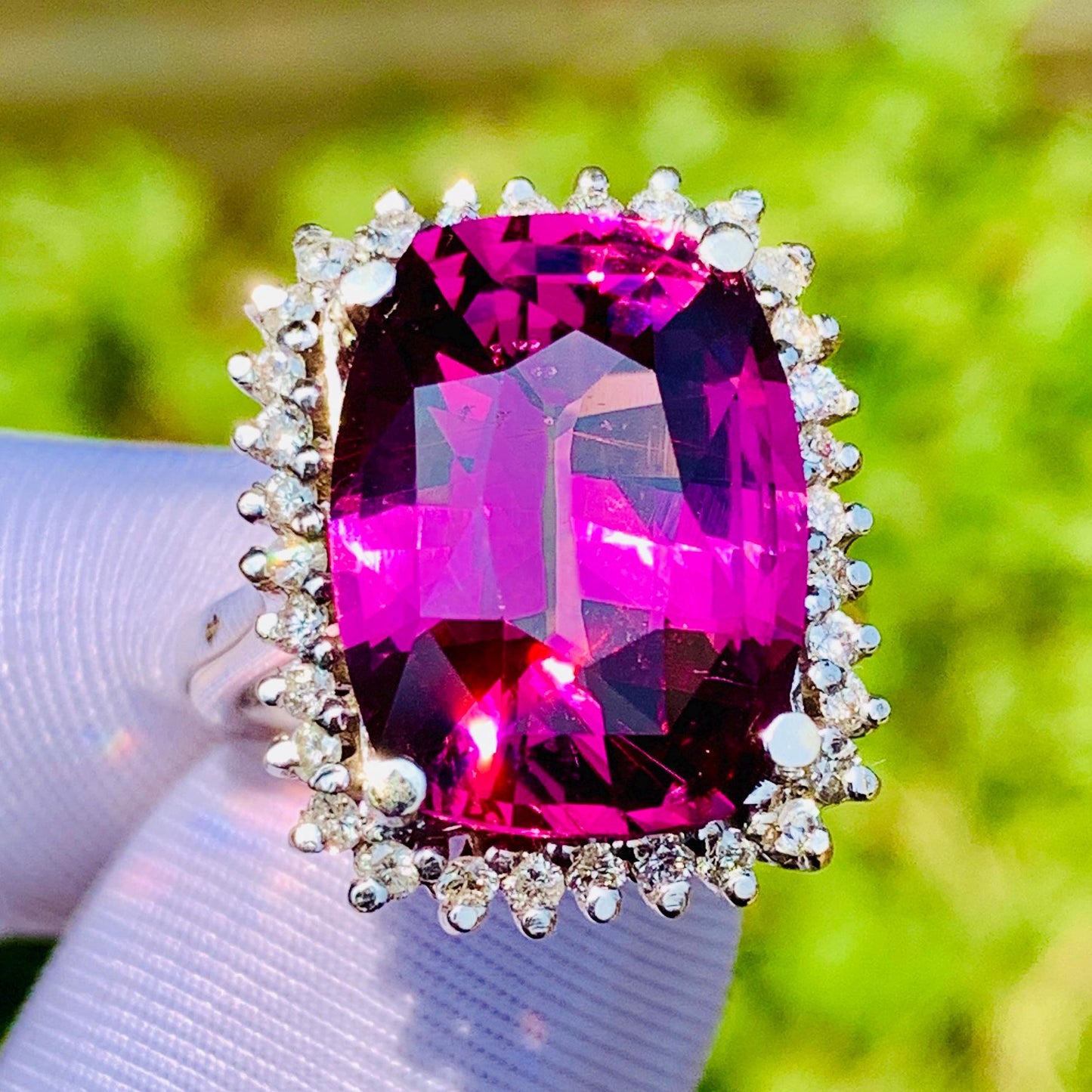 11.92ct Pink Tourmaline Ring – White Gold & Natural Diamonds