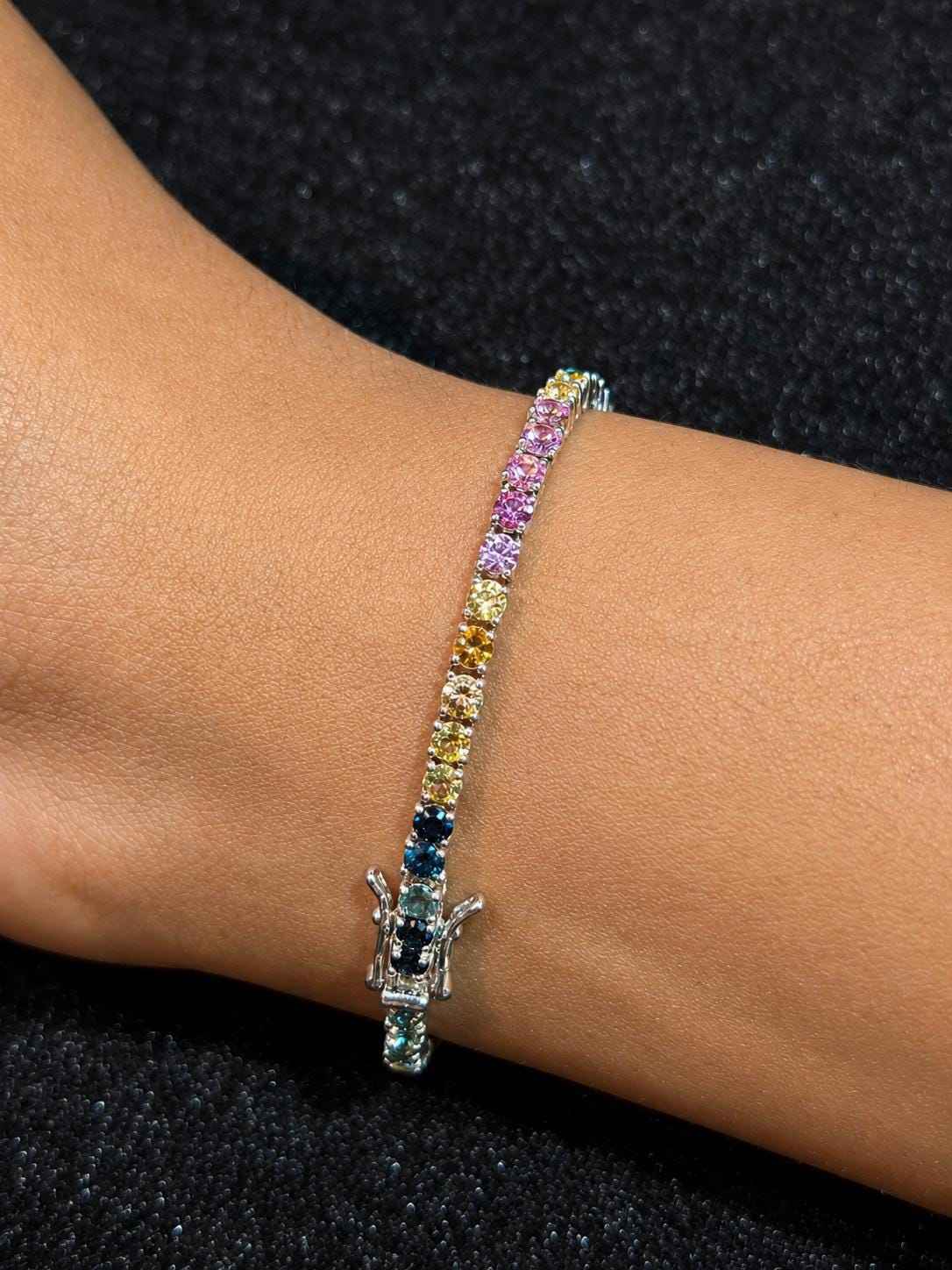 Multi Color Sapphire Tennis Bracelet – Sterling Silver