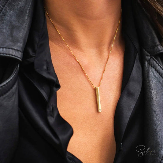 Stone Bar Necklace for Her - Dainty Silver Bar Necklace with Engraved Stone - Baza Boutique 