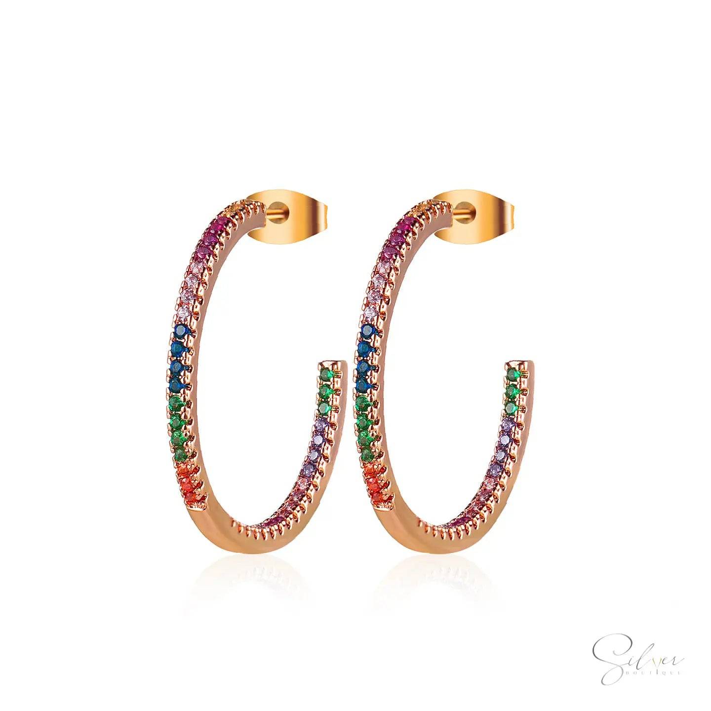 Rainbow Hoops,Rainbow Huggie Earrings, Sterling Silver Hoop Earrings, Small Huggie Hoops, Crystal Earrings, Gold Cute Huggies, Aesthetic, Gift For Her - Baza Boutique 