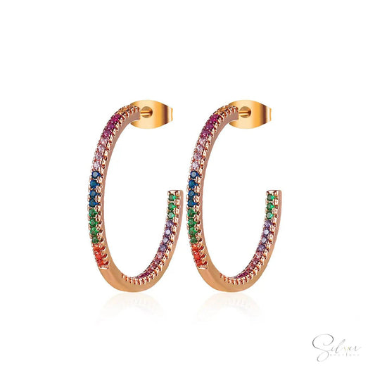 Rainbow Hoops,Rainbow Huggie Earrings, Sterling Silver Hoop Earrings, Small Huggie Hoops, Crystal Earrings, Gold Cute Huggies, Aesthetic, Gift For Her - Baza Boutique 