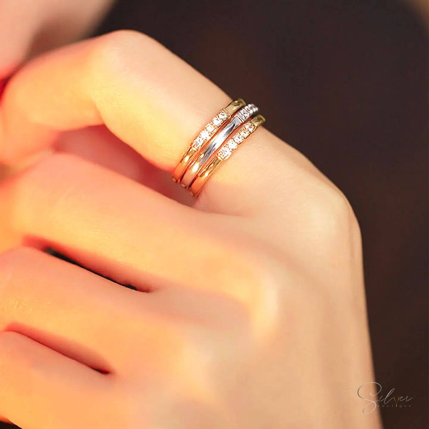 Mid-Way Stacking Ring - Gold, Silver & Rose Gold with American Diamonds - Baza Boutique 