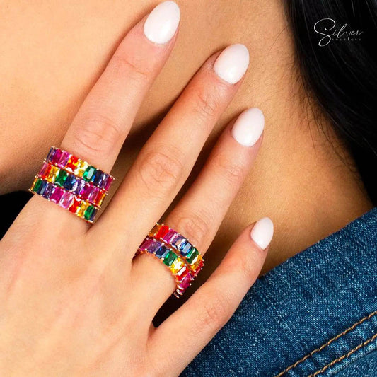 Rainbow stacking ring,Rainbow ring，To my daughter pride ring，Dainty Multicolor ring，To my sister gift ring，Statement Stackable rings for her，Colour CZ Silver ring - Baza Boutique 