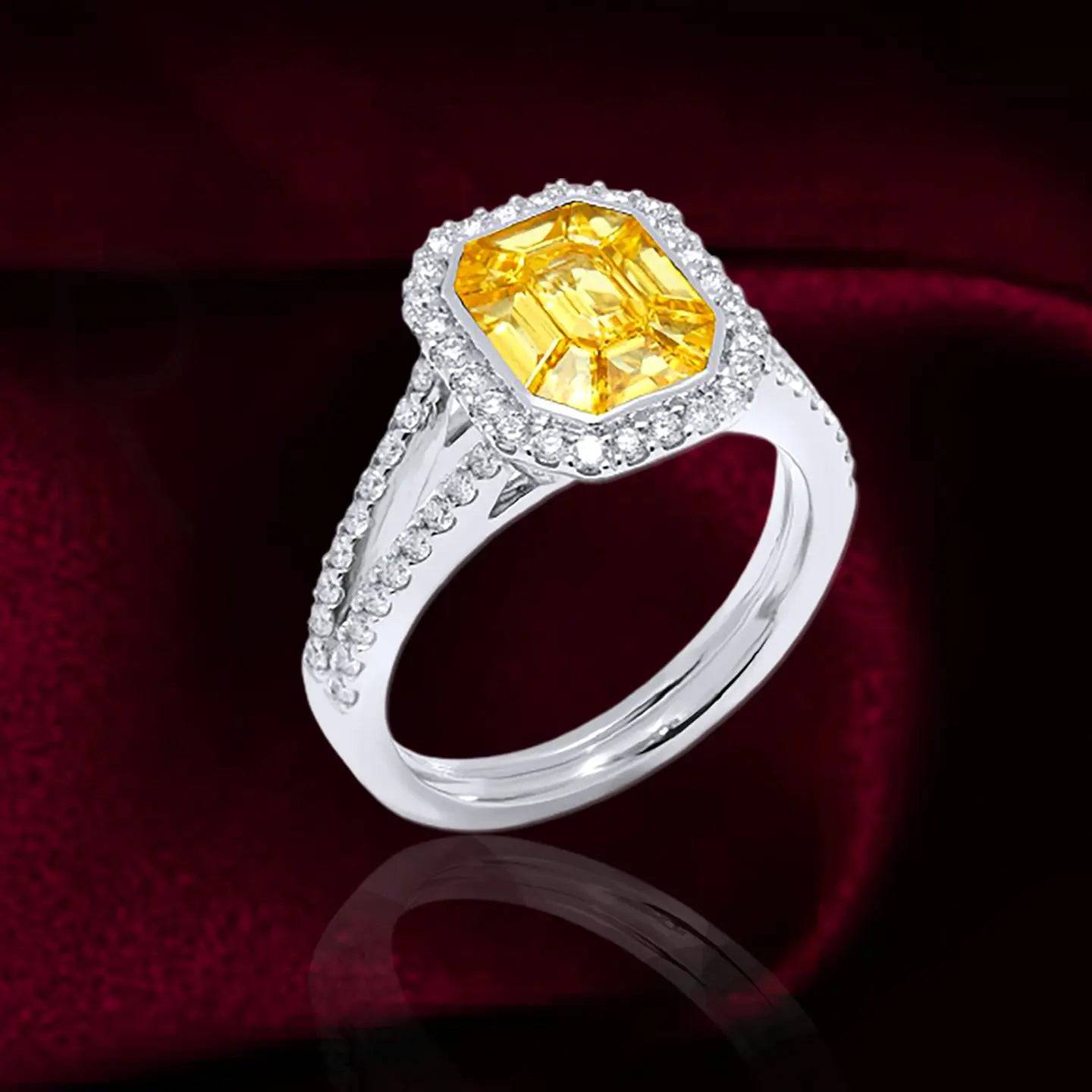 Signature anthürium, Carved Design with Yellow Sapphire Stone Engagement Ring, Rectangular Cushion Cut Stone Ring, Handmade Sterling Silver Ring, Gold, Silver & Rose Gold - Baza Boutique 